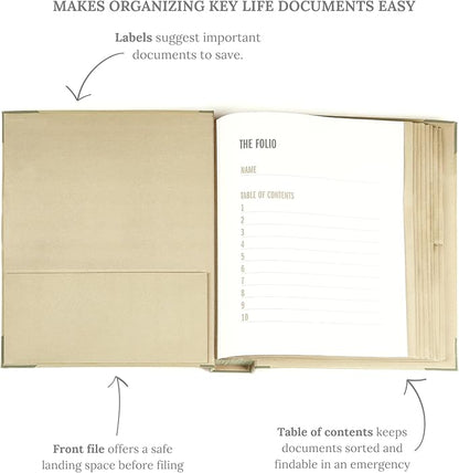 The Folio® Important Document Organizer by Savor | Binder with Guided Labels, Acid-Free File Folder Organizer with 10 Pockets, Document Holder for Home Records, Legal and Medical Papers (Slate)