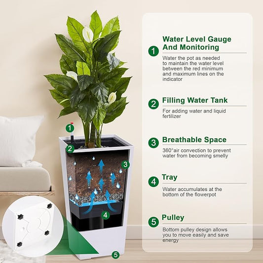GAOMON 30" Tall Planter Set of 2,Heavy Duty Tall Planter,High Front Porch Planter Pots with Drainage Holes＆Water Level Monitor＆Inner Bucket, Automatic Watering,Indoor/Outdoor Grande Plant,Tree,White…