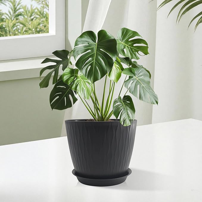 8/7/6 inch Plant Pots, 3 Pack Flower Pots for Outdoor Indoor Garden Plants, Large Planters with Multi Mesh Drainage Holes and Saucer (Black, 8"+7"+6")