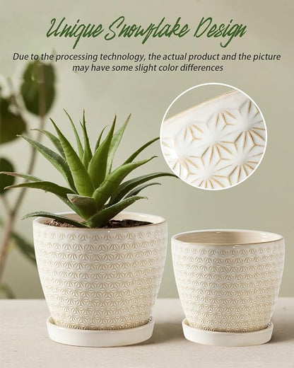 Plant Pots, Flower Pots, Planters for Indoor Plants(6.5+5.5inch), Flower Pots for Indoor Plant with Drainage Hole and Saucer, Ceramic Pots for Plants with Hole Mesh Pad,Reactive Glaze White
