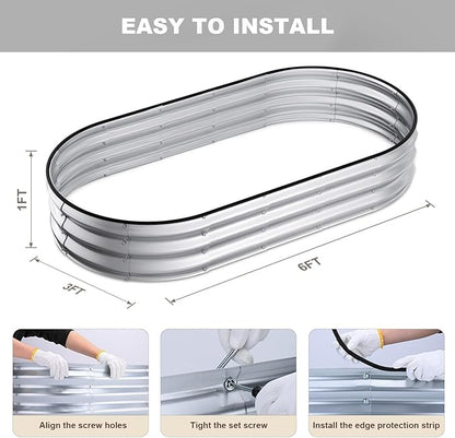 Raised Garden Bed, 6x3x1ft Galvanized Outdoor Planter Beds with Safety Edging and Gloves, Oval Metal Planter Box for Gardening Vegetables Flowers Herb-Sliver
