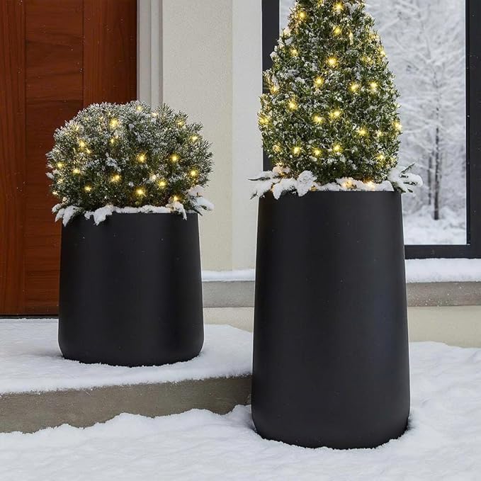 23.1" H x 14.7" D Tall Conico Fiberstone Planter, Drainage Hole for Indoor and Outdoor Use, 5 Year Guarantee, Included 2 Extra Coco Mats (Black Color, 23.1" Pot Opening)