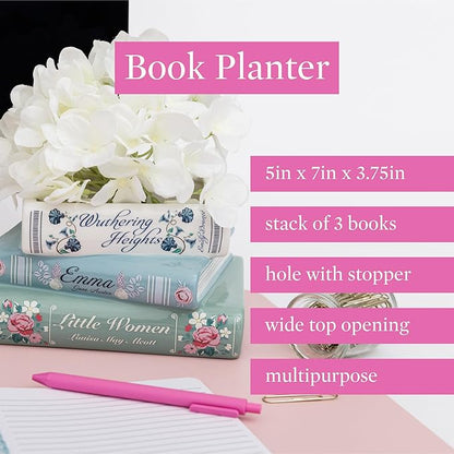 Steel Mill & Co Small Book-Shaped Decorative Ceramic Planter for Home Decor, Bookshelf, Classic Titles Bookstack, 5" x 7" x 3.75"