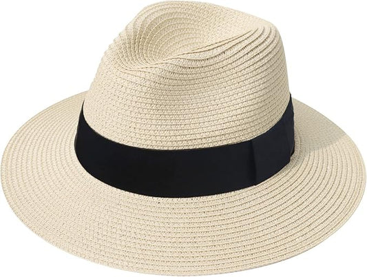 DRESHOW Women Straw Panama Hat Travel Fedora Beach Sun Hat Summer Wide Brim Straw Roll up Hat UPF 50+