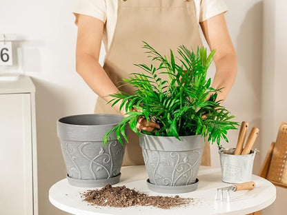 Melphoe Plant Pots Indoor with Drainage & Saucer, 2Pack 7/8 inch Flower Pots Outdoor Planters for Indoor Plants Garden Home Decor Cactus Succulent, Rigid Plastic (Imitation-Terracotta) Vine-Embossed