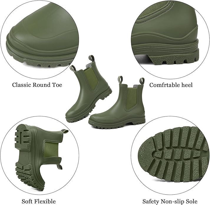 DKSUKO Rain Boots Women Waterproof Chelsea Boots Ankle Garden Shoes for Ladies Rubber Short Rainboots with Removable Comfort Insole for Outdoor Work Deck Mud Boots