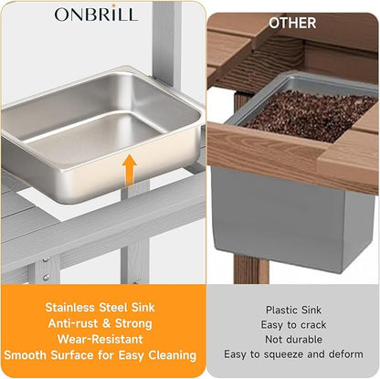 ONBRILL Potting Bench, Outdoor Potting Bench Table with Removable Sink, HDPS Potting Benches for Outside, Garden Table with Storage Shelves & 4 Side Hooks, No Rot, No Fade, No Break, 360lbs Capacity