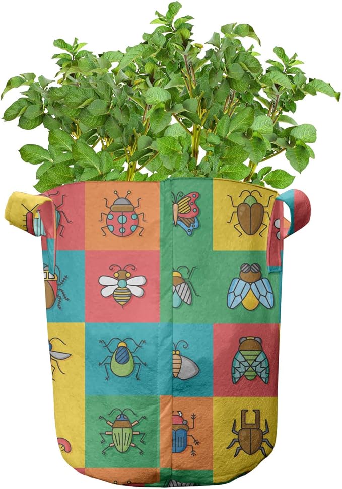 Ambesonne Camouflage Grow Bags 5-Pack, Pixel Woodland Camo Art, Heavyduty Fabric Pots with Handles for Plants, Green Cocoa