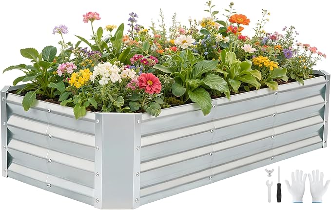 G GOOD GAIN 4x2x1ft Raised Garden Bed – Galvanized Metal Planter Box for Vegetables, Flowers, Herbs, Fruits – Outdoor Garden Beds with Open Bottom, Sliver