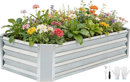 G GOOD GAIN 4x2x1ft Raised Garden Bed – Galvanized Metal Planter Box for Vegetables, Flowers, Herbs, Fruits – Outdoor Garden Beds with Open Bottom, Sliver
