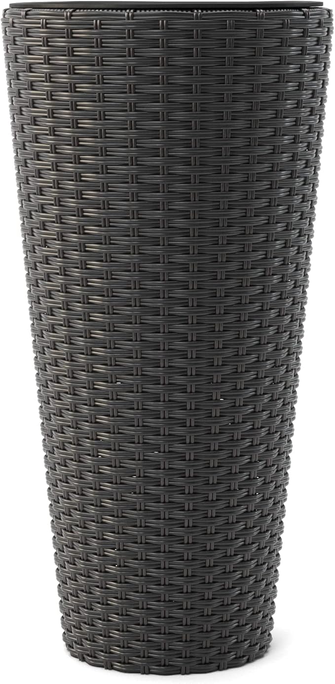 Balkene Home Noah Round Wicker Planter Tall Planter Decor Box for Adaptable Outdoor Furnishings All Weather Versatile Perfect Patio Herb Garden Living Space - 2 Piece Set - Black