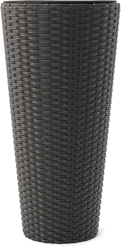 Balkene Home Noah Round Wicker Planter Tall Planter Decor Box for Adaptable Outdoor Furnishings All Weather Versatile Perfect Patio Herb Garden Living Space - 2 Piece Set - Black