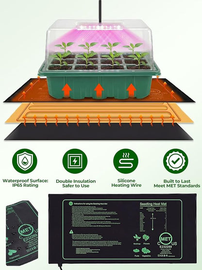 Seed Starter Tray 3 Pack with Heating Mat & 24 Full Spectrum LEDs Grow Light – Auto Cycle Timer, Humidity Dome Ventilation Cover, Drainage Holes, Includes Gardening Tools – Green Version