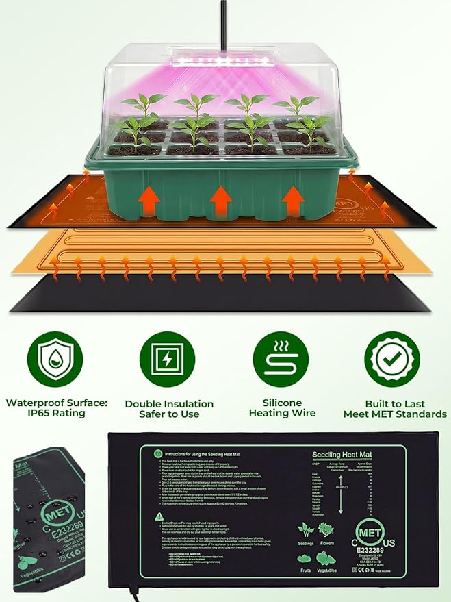 Seed Starter Tray 3 Pack with Heating Mat & 24 Full Spectrum LEDs Grow Light – Auto cycle Timer, Humidity Dome Ventilation Cover, Drainage Holes, Includes Gardening Tools – Transparent version