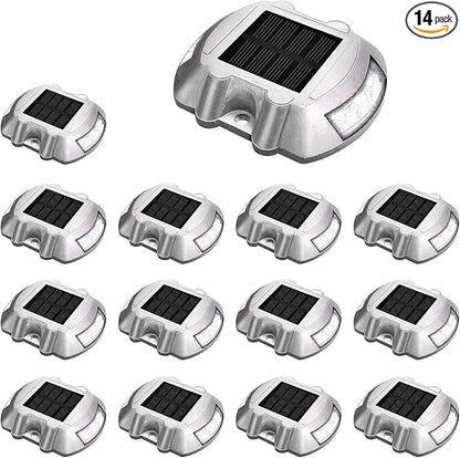 JIGUOOR Solar Deck Lights LED Driveway Lights Solar Powered Dock Light Outdoor IP68 Waterproof Road Markers for Step Sidewalk Stair Boat Garden Ground Pathway Yard (White, 14 Pack)