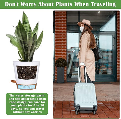 5 Pack Self Watering Plant Pots, 6 inch Plastic Plant Pots Set Bottom Watering Planters With Absorbent Rope & Saucer, Self Watering for Indoor Plants Minimalist Decor Outdoor Garden Flower. (White)