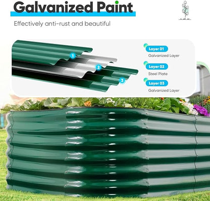 Quictent Galvanized Raised Garden Bed Kit, 8x4x2 ft Oval Metal Planter Box Tall for Vegetables Outdoor Backyard, Strengthened by Crossbar, Dark Green