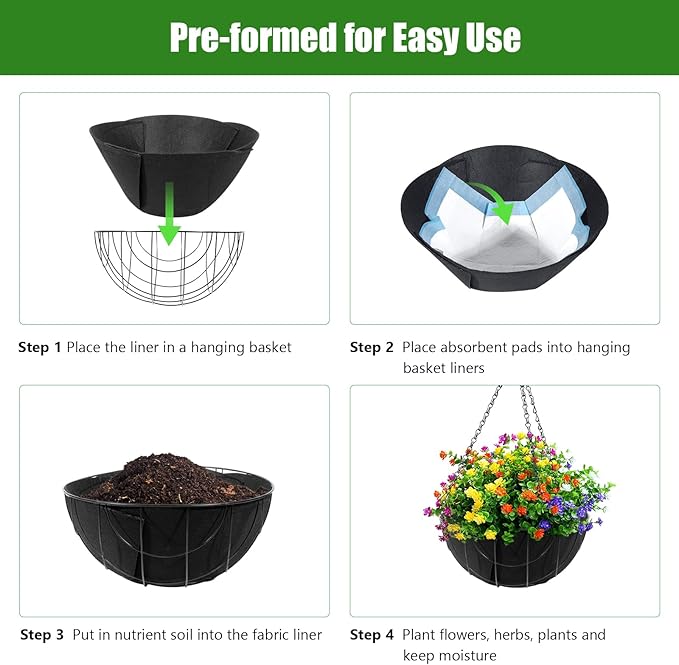3 Pack 14 Inch Fabric Planter Basket Liners - Round Hanging Basket Liners Replacement Coco Liner,Durable Non-Woven Liners for Hanging Baskets Planters Flowers, Plants (Black)