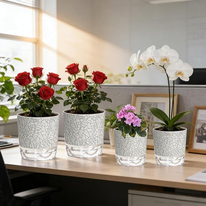 Self Watering Pots for Indoor Plants, 4/5.5 Inch Crackle Pattern Planters with Clear Water Reservoir & Wick System, 4 Pack Plastic Flower Pots for Succulents, Herbs, African Violets