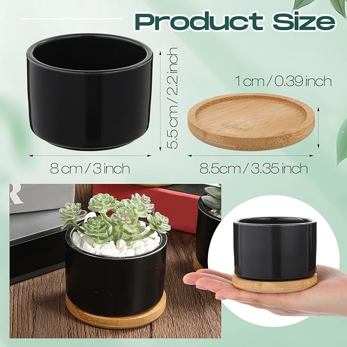 Cindeer 12 Sets Succulent Plant Pot Ceramic Succulent Pots Container Cactus Pots with Bamboo Tray Small Cylinder Flower Plant Pot with Bamboo Saucers for Plants Indoor Outdoor (Black,3 x 2.17 Inch)