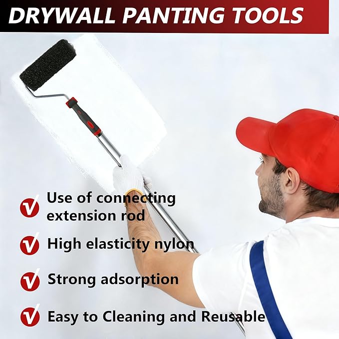 Drywall Skimming Blade Set, Include 24" Skimming Blade, 12" Mud Pan, 7" Drywall Compound Rollers, a Extension Handle and Three Drywall Tools for Drywall/Plaster/Wallboard