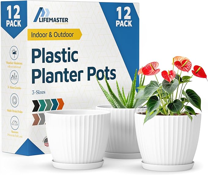 White 6-Inch Plant Pots with Drainage & Saucers 12 Pack, Indoor & Outdoor Planters for Houseplants, Herbs, and Flowers, Durable & Weatherproof Material, Stackable, Lightweight, Minimalist Design