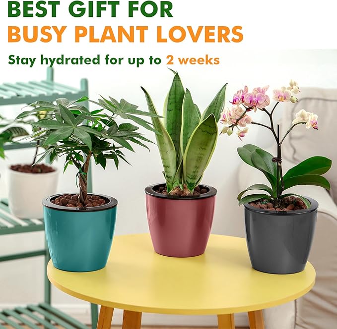 Planterhoma 6.7 Inch Self Watering Pots for Indoor Plants, 4 Packs African Violet Pots with Indicator, Black Wick Pot with Drainage Holes, Self Watering Planters for Orchid, Devil's Ivy, White