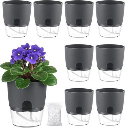 Planterhoma 8 Pack Self Watering Pots for Indoor Plants, 4 Inch Plant Pot Plastic Self Watering Planter for Orchid, African Violet, Small Clear Flower Pots with Drainage Holes and Wicking Rope, Grey