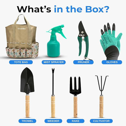 Scuddles Heavy Duty Garden Tool Bag with Stainless Steel Hand Tools, Non Slip Rubber Grip Wooden Handles, Garden Gloves with Fingertip Claws, Reinforced Tote for Planting, Pruning, Landscaping