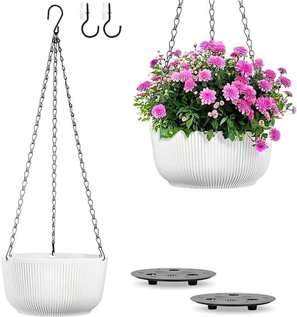 White Hanging Planters for Indoor Outdoor Plants, Set of 2 10 Inch Self-Watering Hanging Pots with Drainage Hole & Plug II Screw-in Hooks II