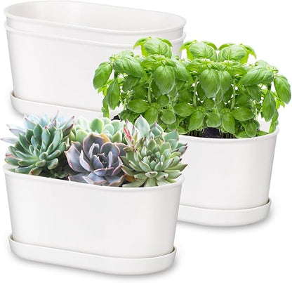 Set of 4 White Oval Window Sill Planters with Drainage Holes and Trays（7 Inch） for Herbs Basil Orchids Succulents, Modern Herb Garden Planter for Indoor/Outdoor Plants