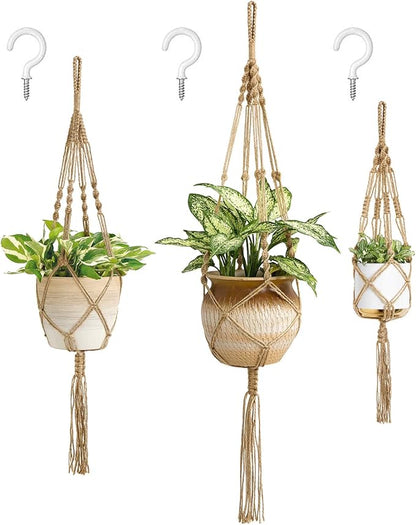 Mkono Macrame Plant Hangers, 3 Different Sizes Indoor Hanging Planters Basket Decorative Flower Pots Holder Stand Boho Home Decor, Brown