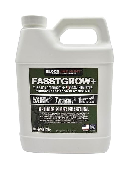 FASSTGROW+ Liquid Fertilizer for Food Plots- 11-6-5 Foliar Application - Concentrated and Easy to Apply - 1 Quart Covers 1 Acre - for Grasses and Brassicas - Perfect for Most Fall Food Plots