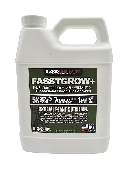 FASSTGROW+ Liquid Fertilizer for Food Plots- 11-6-5 Foliar Application - Concentrated and Easy to Apply - 1 Quart Covers 1 Acre - for Grasses and Brassicas - Perfect for Most Fall Food Plots