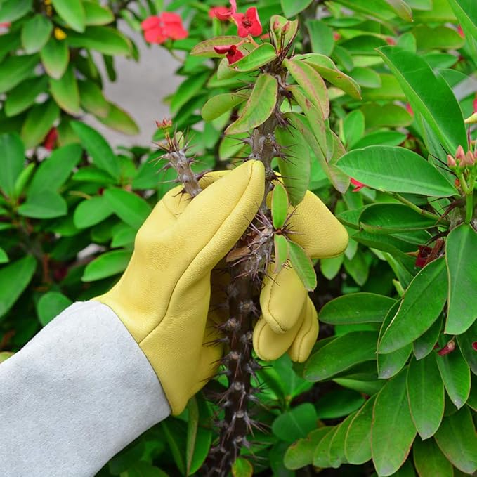 Gardening Gloves for Women/Men, Rose Pruning Thorn-Proof Long Leather Garden Gloves with Adjustable Cuff, Ladies Light Protective Glove for Yard & Outdoor Work