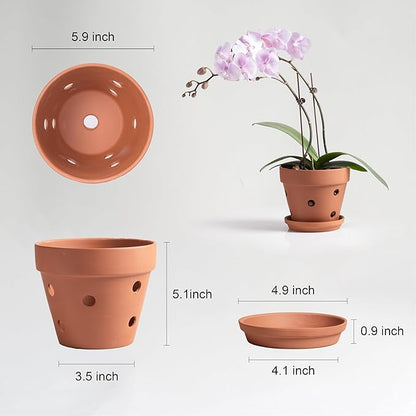 Clay Orchid Pots with Holes,Terracotta Orchid Pots with Drainage Holes & Saucer for Repotting 6 Inch, Orchid Planters for Indoor Plants