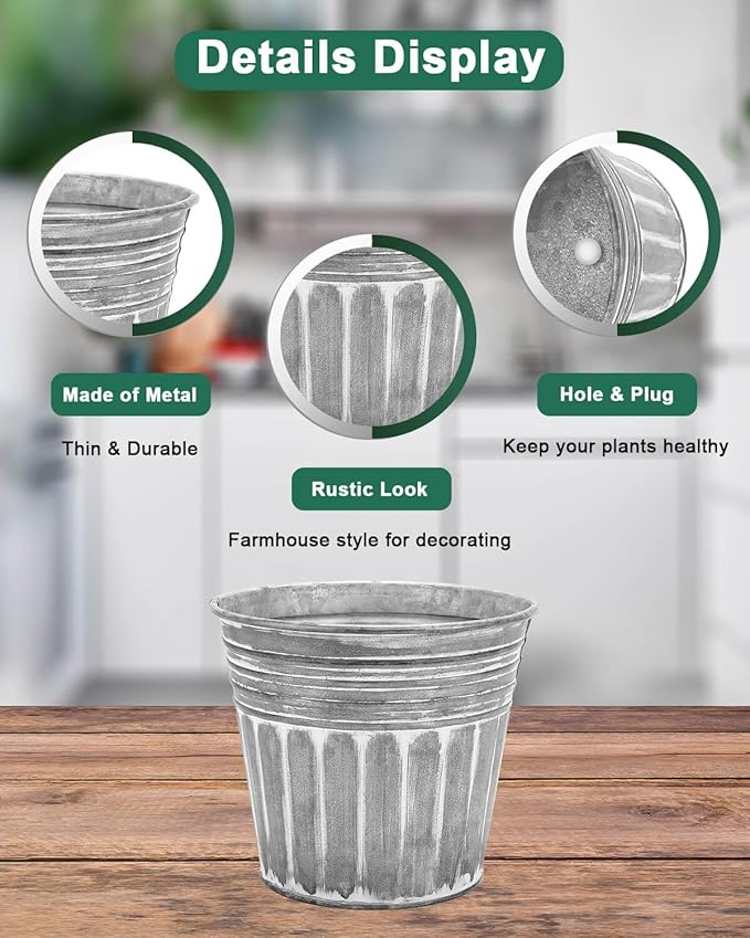 vensovo 11 Inches Silver Metal Rustic Plant Pots - 2 Pcs Large Galvanized Planters with Drain Hole and Rubber Plug, Rustproof Tin Bucket Flowerpot for Indoor Plants Farmhouse Vintage Style for Decor