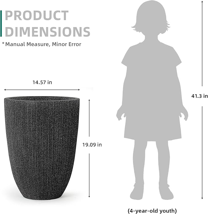 19" Concrete-Style Tall Round Planters for Indoor Outdoor Plants, Set of 2 Decorative Fluted Large Flower Pot, UV-Resistant Top-Tier Resin Planters for Garden Patio Porch Home Office Decor