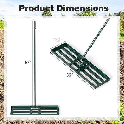 36" x 10" Lawn Leveling Rake, Heavy Duty Landscape Rake with 67" Handle, Non-Slip Grip & Flat Head, Space-Saving Lawn Level Tool for Garden, Backyard, Golf Course & Sports Field(Green)