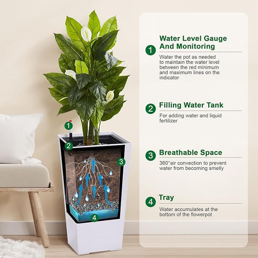 GAOMON 23" Tall Planters Set of 2, Planters for Outdoor＆Indoor Plants, Modern Plant Pots with Drainage Holes＆Water Level Monitor＆Inner Bucket, Automatic Watering, Convenience Instill, White