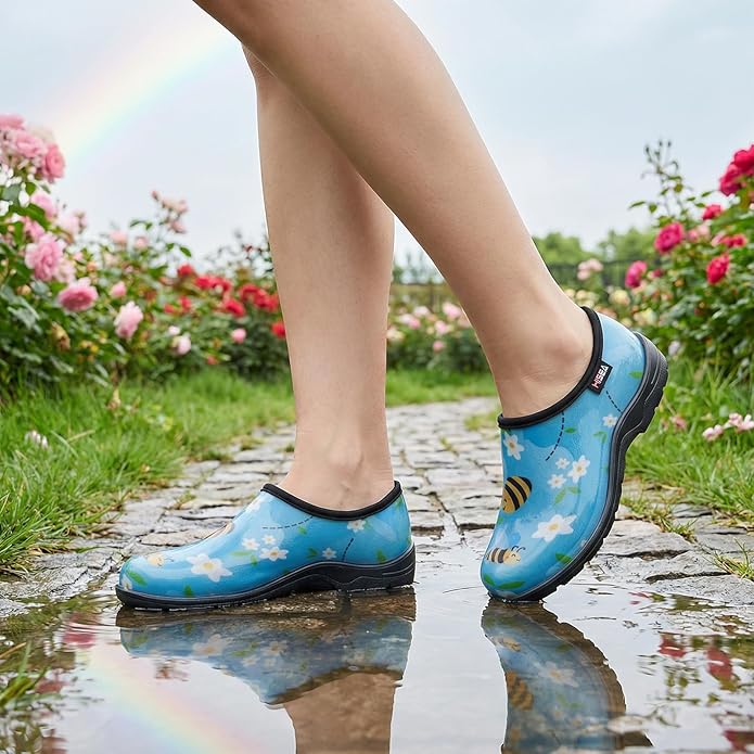 HISEA Waterproof Garden Shoe for Women Outdoor Slip-On Garden Clogs Rubber Rain Boots Short Ankle Booties Rain Shoes with Comfort Insole