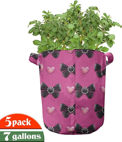 Ambesonne Pearls Grow Bags 5-Pack, Bow Ties with Hearts, Heavyduty Fabric Pots with Handles for Plants, Pink Black