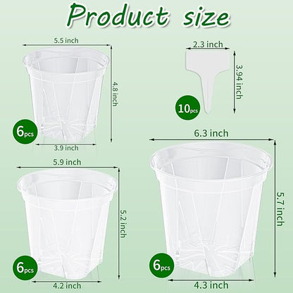 18 Pack Clear Nursery Pots for Plants, 5.5/5.9/6.3 Inch Reinforced Plastic Plant Pots with Drainage Holes High Transparency Plant Pot Seed Starter Pot High Transparency with 10 Plant Labels