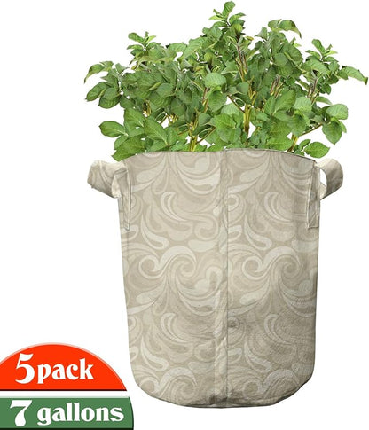 Lunarable Ivory and Beige Grow Bags 5-Pack, Ornamental Paisley, Heavyduty Fabric Pots with Handles for Plants, Beige and Ivory