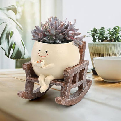 Smily Face Planter Pots for Indoor Plants, Cute Resin Flower Head Planters, Rocking Chair Succulent Flower Pots with Drainage Hole, Gift IdeaI for Birthday