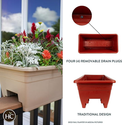 The HC Companies 24 Inch Deck Rail Planter Box with Drainage Plug, Lightweight UV-Resistant Plastic Outdoor Planters for Wood Deck Rail, Flower Box for Garden, Patio, Balcony, and Fence, Clay