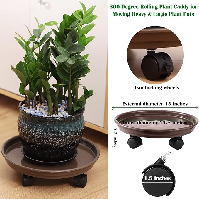 6 Packs Plant Caddy with Wheels 12" Plastic Rolling Stands Heavy-Duty Dolly with Casters Indoor Outdoor Coaster, Brown