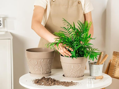 Melphoe Plant Pots Indoor with Drainage & Saucer, 2Pack 7/8 inch Flower Pots Outdoor Planters for Indoor Plants Garden Home Decor Cactus Succulent, Rigid Plastic (Imitation-Terracotta) Vine-Embossed