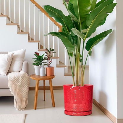 12 Inch Pots for Plants, Ceramic Pots for Plants Indoor Outdoor, Round Flower Pot with Drainage Holes and Saucers, Modern Decorative Planter, Home Porch Decor, Gardening Gifts, Red