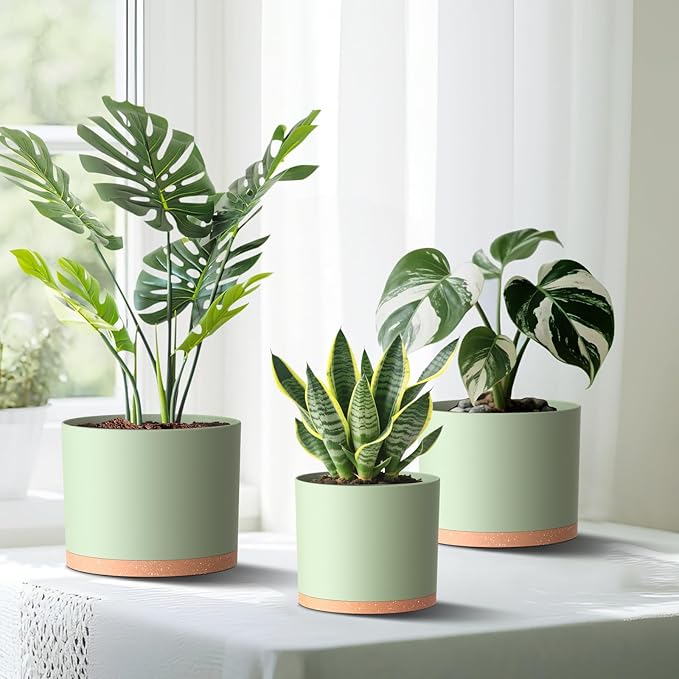 (3 Pack) 10 Inch Plant Pot with Drainage and Saucers, 10/9/8 Inch Plastic Plant Pots for Indoor Plants, Modern Round Planter Set for Flowers, Herbs, Garden Decor (Green-Brown)